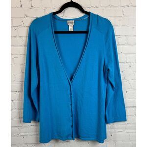 CHICO'S deep sky blue rayon blend knit button cardigan sweater size 2 (L )
